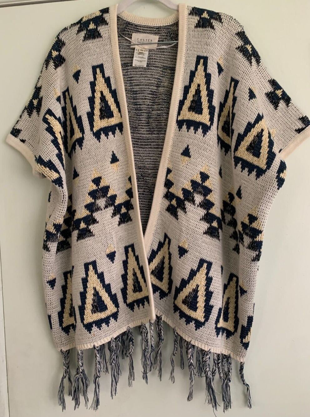 COSTES Ivory Aztec Print Open Front Fring Poncho XS/S